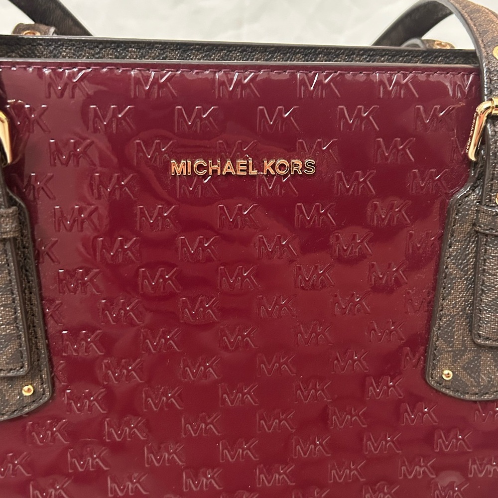 Michael Kors Red and Brown Satchel with Embossed Pattern